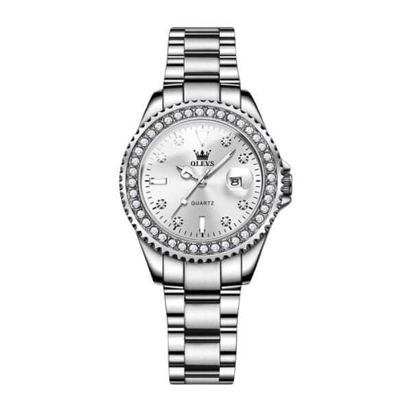 Montre Olevs Apolline argentée à cadran blanc, vue de face sur fond blanc