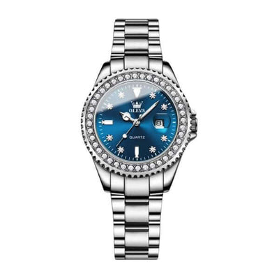Montre Olevs Apolline argentée à cadran bleu, vue de face sur fond blanc