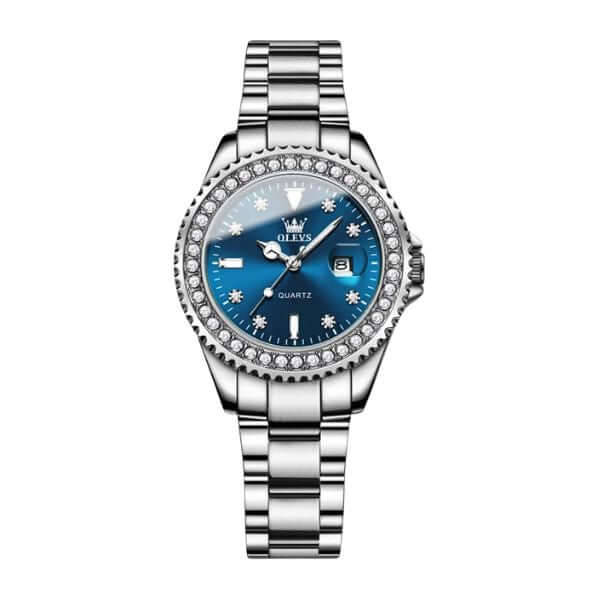 Montre Olevs Apolline argentée à cadran bleu, vue de face sur fond blanc