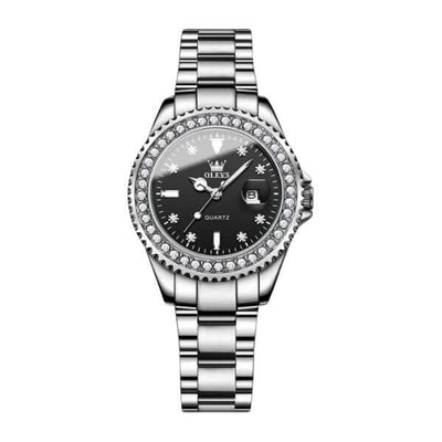Montre Olevs Apolline argentée à cadran noir, vue de face sur fond blanc