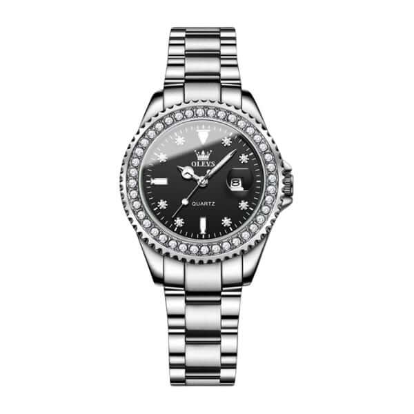 Montre Olevs Apolline argentée à cadran noir, vue de face sur fond blanc