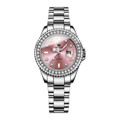 Montre Olevs Apolline argentée à cadran rose, vue de face sur fond blanc