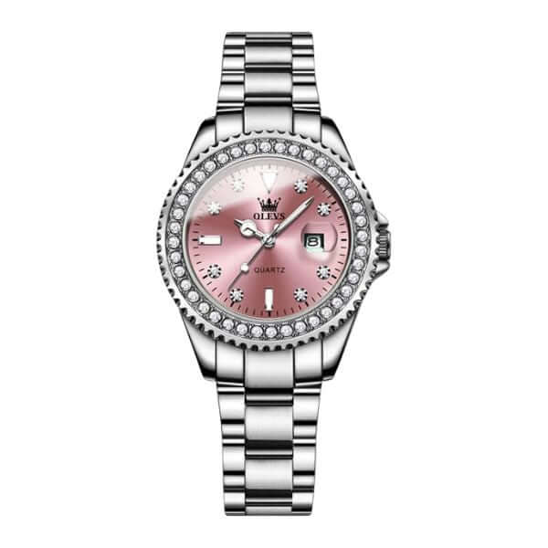 Montre Olevs Apolline argentée à cadran rose, vue de face sur fond blanc