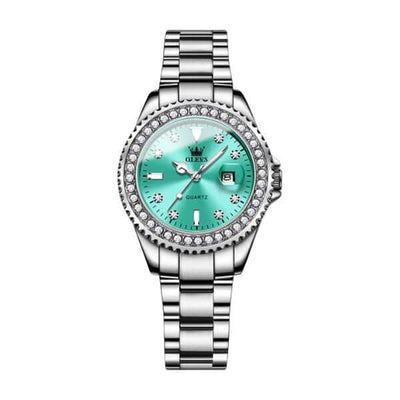 Montres Olevs Apolline argentées à cadrans turquoise et noir sur fond blanc