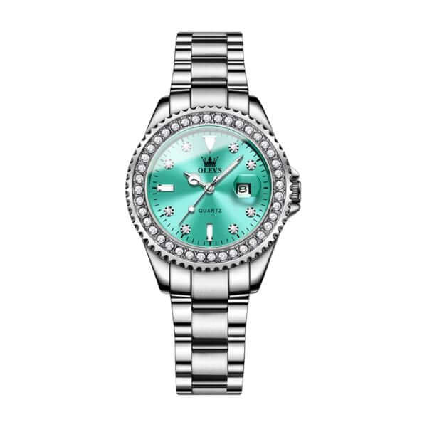 Montres Olevs Apolline argentées à cadrans turquoise et noir sur fond blanc