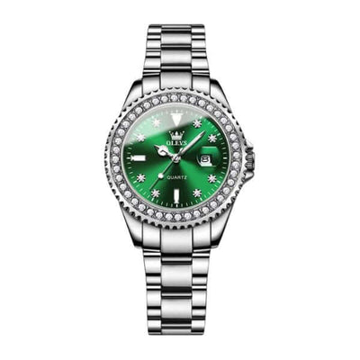 Montre femme Olevs Apolline argentée à cadran vert et lunette ornée de cristaux