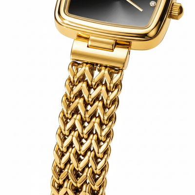 Détail du bracelet métallique tressé doré de la montre OLEVS Sophie