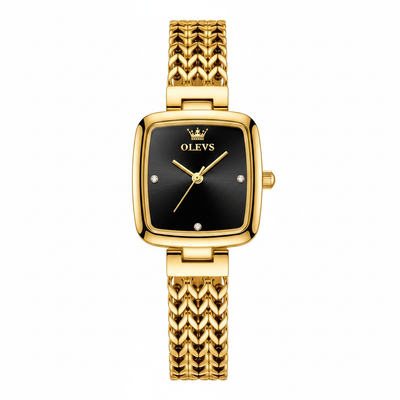 Montre femme OLEVS Sophie noire et dorée vue de face sur fond blanc