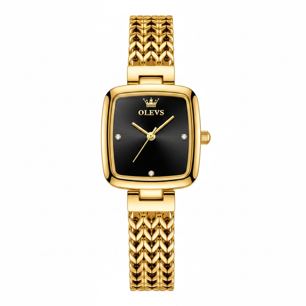 Montre femme OLEVS Sophie noire et dorée vue de face sur fond blanc