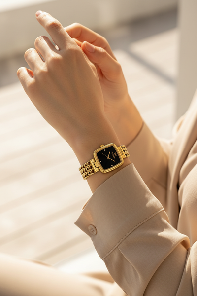 Montre OLEVS Sophie noire portée au poignet avec bracelet doré