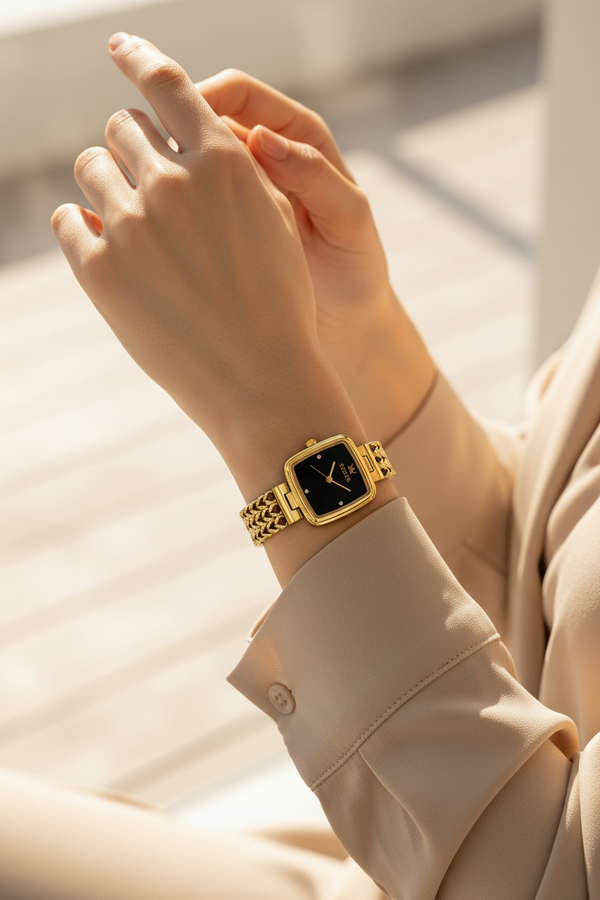 Montre OLEVS Sophie noire portée au poignet avec bracelet doré