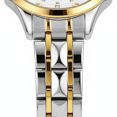 Détail du bracelet en acier argenté et doré de la montre OLEVS Valentine blanche