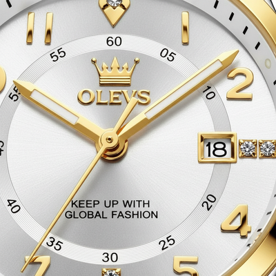 Gros plan sur le cadran blanc et les index dorés de la montre OLEVS Valentine