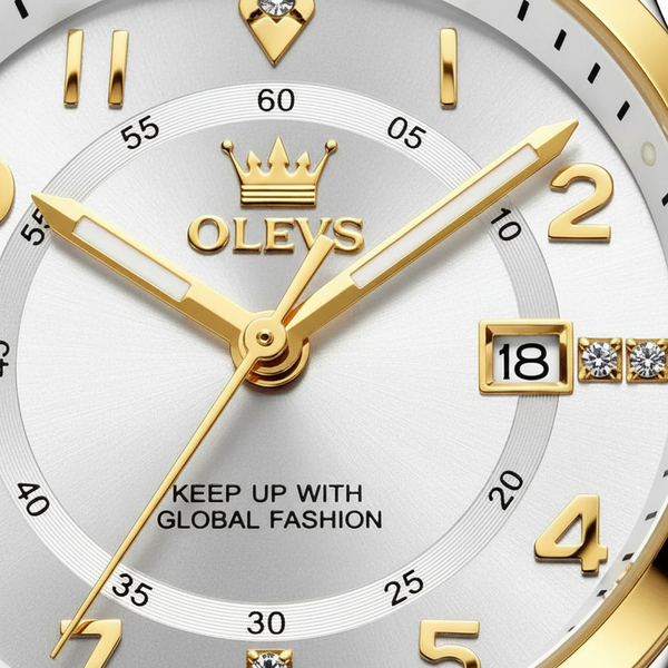 Gros plan sur le cadran blanc et les index dorés de la montre OLEVS Valentine