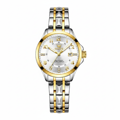 Montre femme OLEVS Valentine blanche avec bracelet acier bicolore sur fond blanc