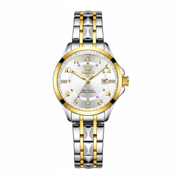 Montre femme OLEVS Valentine blanche avec bracelet acier bicolore sur fond blanc