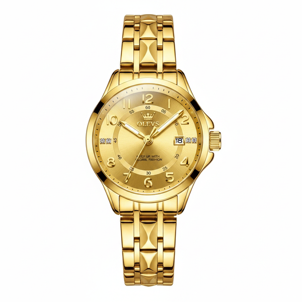 Montre femme OLEVS Valentine dorée vue de face sur fond blanc