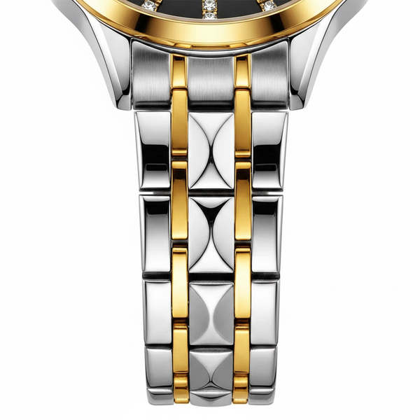 Détail du bracelet en acier argenté et doré de la montre OLEVS Valentine noire
