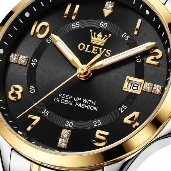 Gros plan sur le cadran noir et les index dorés de la montre OLEVS Valentine