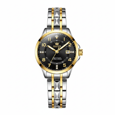 Montre femme OLEVS Valentine noire avec bracelet acier bicolore sur fond blanc