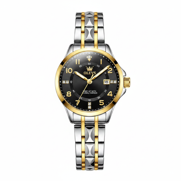 Montre femme OLEVS Valentine noire avec bracelet acier bicolore sur fond blanc