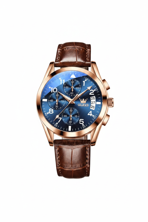 Montre chronographe homme OLEVS Rennes bleue avec bracelet en cuir brun sur fond blanc