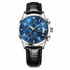 Montre Homme OLEVS Rennes Bleue avec bracelet cuir noir sur fond blanc