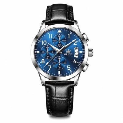 Montre Homme OLEVS Rennes Bleue avec bracelet cuir noir sur fond blanc