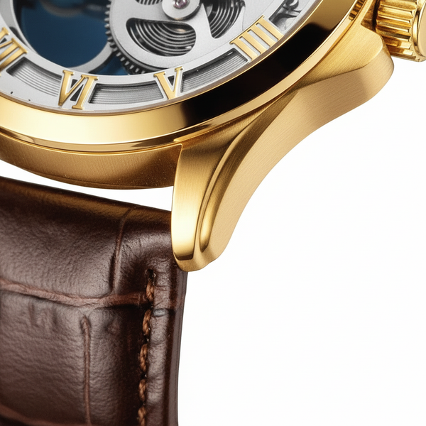 Détail du boîtier doré et du bracelet en cuir brun de la montre mécanique OLEVS Lyon