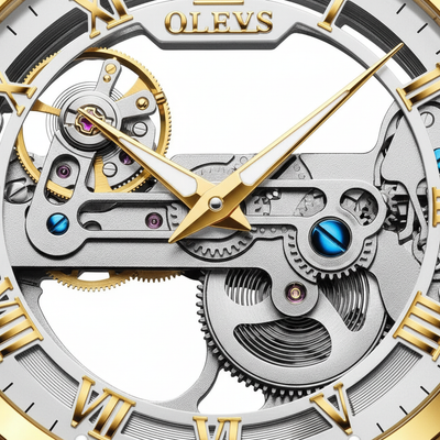 Gros plan sur le cadran squelette et le mécanisme apparent de la montre OLEVS Lyon