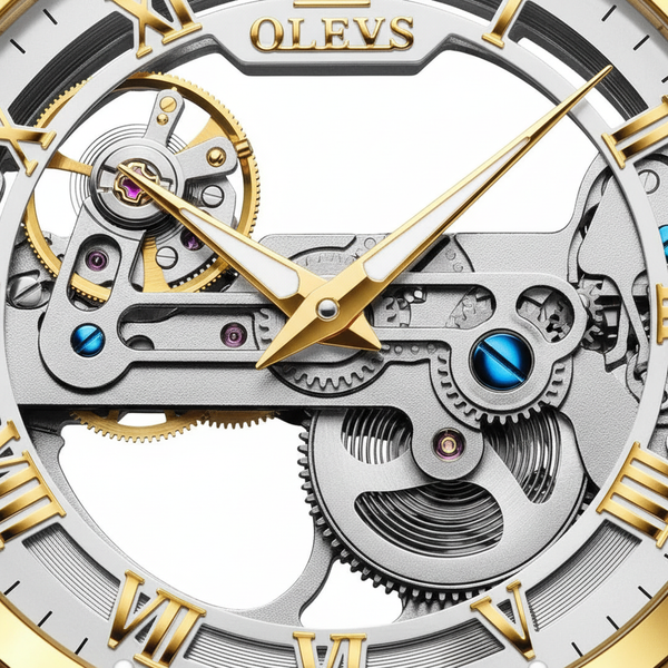 Gros plan sur le cadran squelette et le mécanisme apparent de la montre OLEVS Lyon