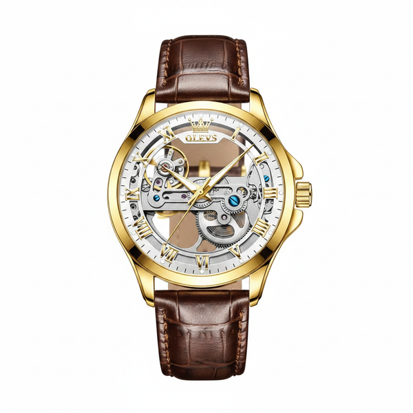 Montre mécanique homme OLEVS Lyon dorée avec bracelet en cuir brun sur fond blanc
