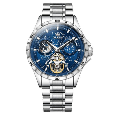 Montre mécanique OLEVS Tours bleue, boîtier et bracelet acier inoxydable