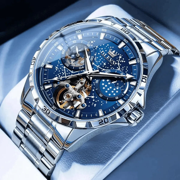Détail du cadran bleu et mécanisme apparent, montre OLEVS Tours