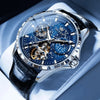 Montre mécanique OLEVS Tours noire et bleue, bracelet cuir noir