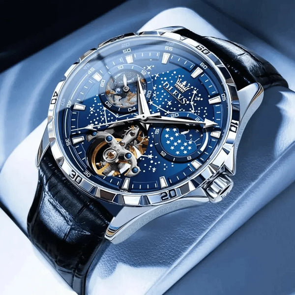 Montre mécanique OLEVS Tours noire et bleue, bracelet cuir noir
