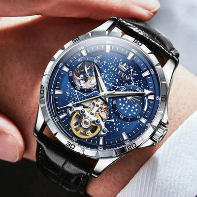 Montre mécanique OLEVS Tours noire et bleue, cadran avec phase de lune