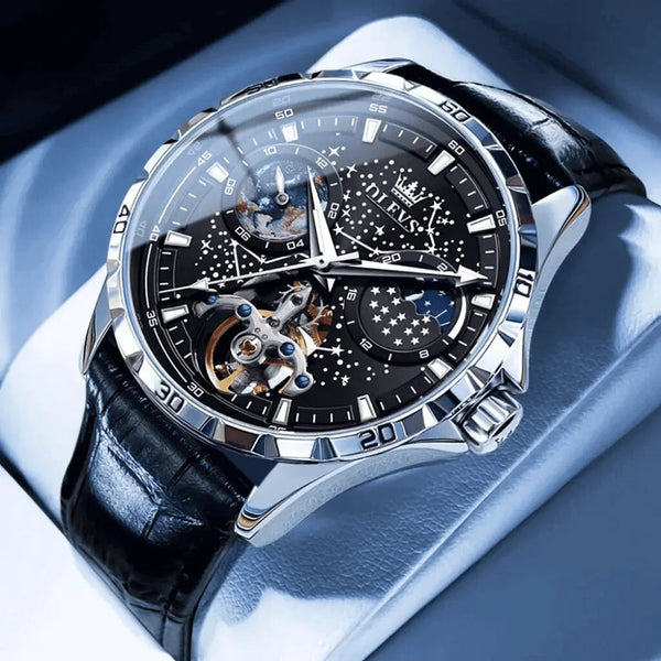 Détail du cadran noir ajouré et bracelet cuir, montre OLEVS Tours