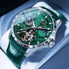 Montre mécanique OLEVS Tours verte, vue de face bracelet cuir