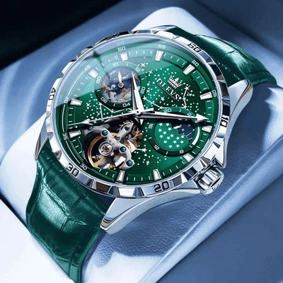 Montre mécanique OLEVS Tours verte, vue de face bracelet cuir