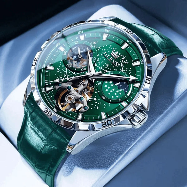 Montre mécanique OLEVS Tours verte, vue de face bracelet cuir