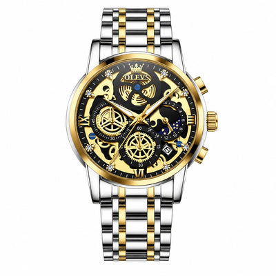 Montre homme Olevs Le Mans argentée et dorée à cadran noir