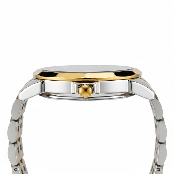 Profil boîtier acier montre quartz Avignon bleue
