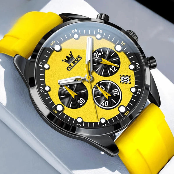 Détail compteurs cadran montre sport Marseille jaune