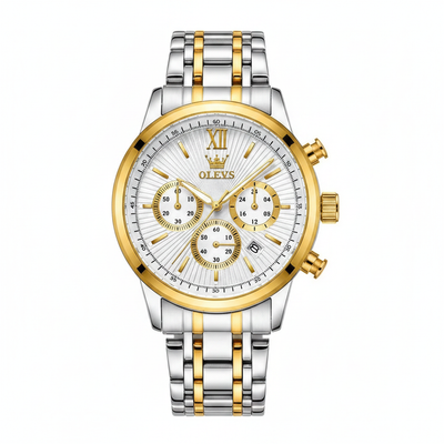 Montre chronographe homme OLEVS Brest argentée et dorée vue de face