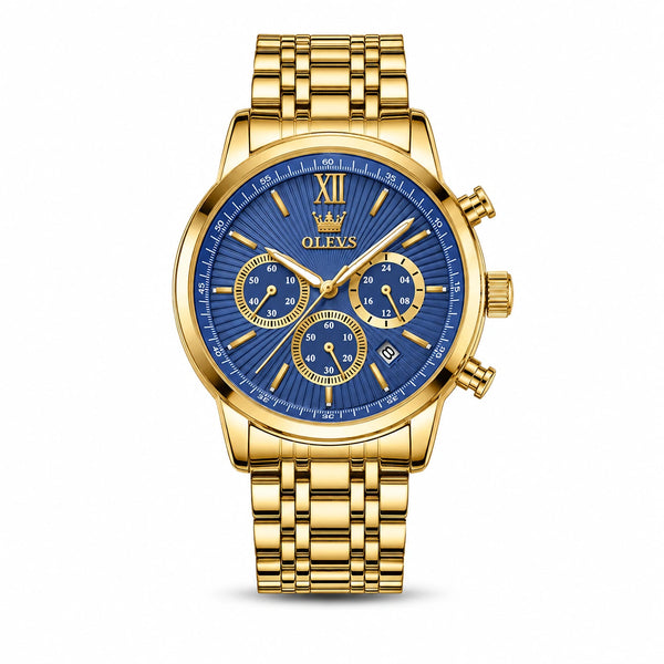 Montre homme Olevs Brest dorée cadran bleu bracelet acier