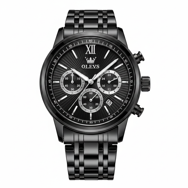 Montre chronographe homme OLEVS Brest noire vue de face sur fond blanc