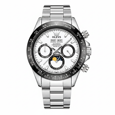 Montre chronographe homme OLEVS Cannes blanche et argentée vue de face