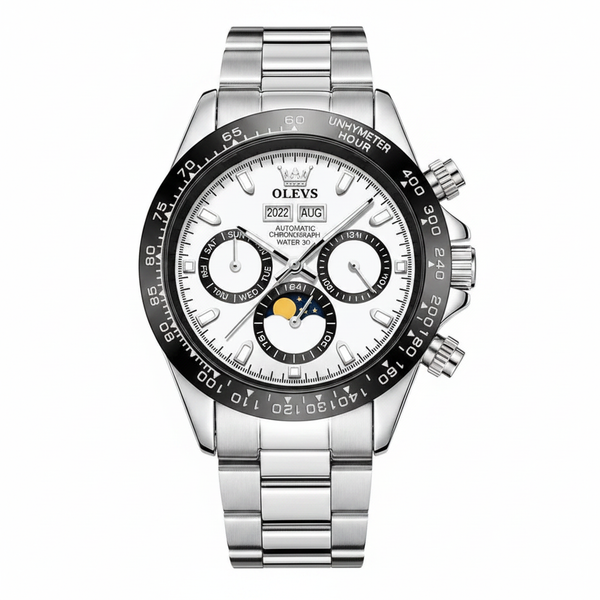 Montre chronographe homme OLEVS Cannes blanche et argentée vue de face