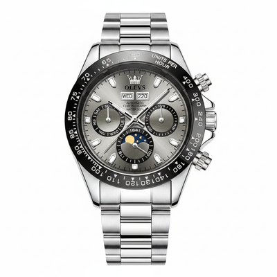 Montre chronographe homme OLEVS Cannes grise et argentée vue de face